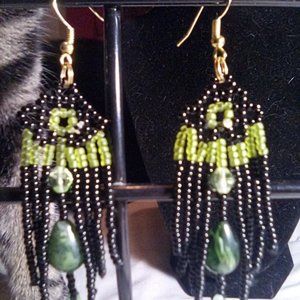 Hand Crafted  Black/ Avocado  color Beaded Earrings